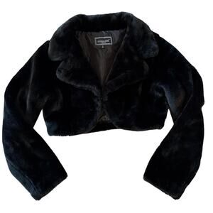 Marcelle Renee Y2K Micro Cropped Black Faux Fur Bolero Style Coat Jacket Medium